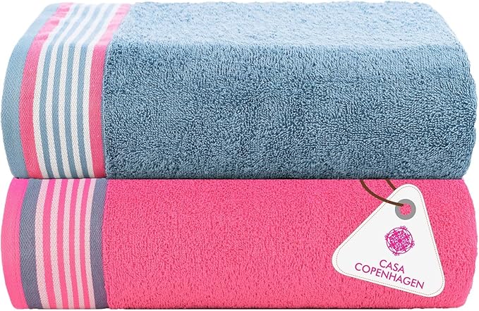 CASA COPENHAGEN He & She 2 Pieces Large Bath Sheet Set- Dusty Blue + Pink, 550 GSM, Designed in Denmark Made of Soft Egyptian Cotton for Bathroom, Kitchen & Shower