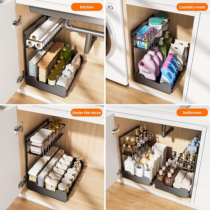 Under Sink Organizer, 2-Tier L-Shaped Pull Out Cabinet Shelf with 2 Installation Methods, Adjustable Sliding Storage Drawer for Kitchen, Bathroom, Laundry, Metal, Black
