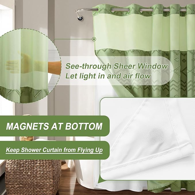 Long No Hook Tufted Chevron Striped Shower Curtain with Snap-in PEVA Liner Set - 72" x 86", Hotel Style with See Through Top Window, Water Repellent Fabric Shower Curtain Sage Green
