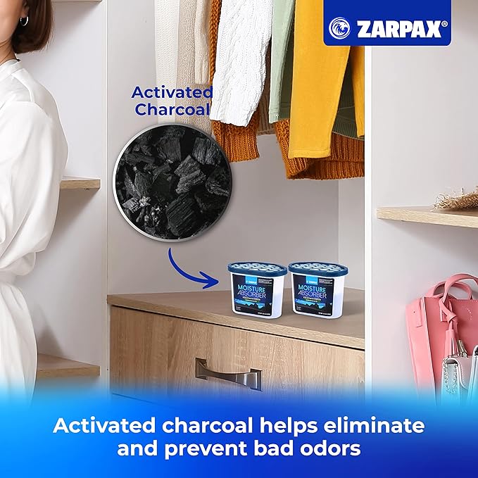 Moisture Absorber Activated Charcoal 10.5 oz/300g | Removes Moisture, Damp, Humidity & Odors | Odor Absorber | Moisture Trap for Bathroom, Closet, Kitchen & Small Spaces | Set of 4