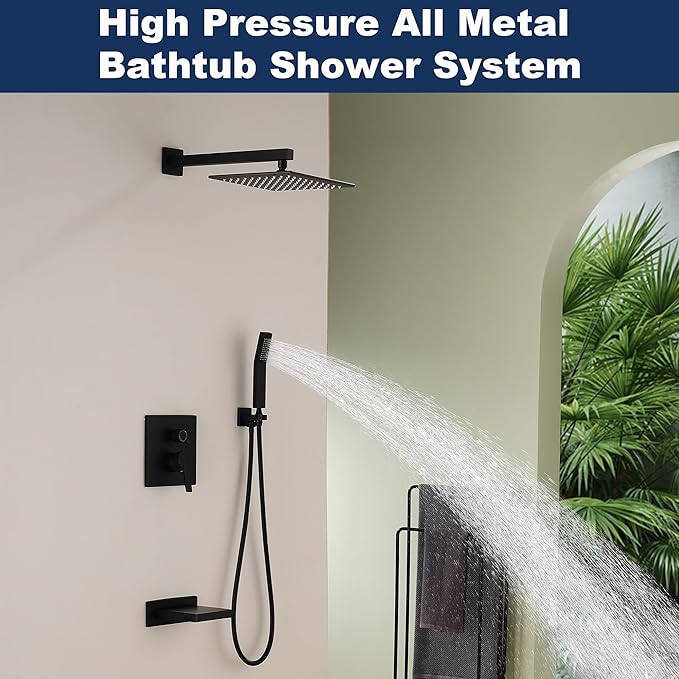 Shower System with Tub Spout, All Metal Black Bathtub Shower Faucet Set with High Pressure 10 Inch Rain Shower Head and Handheld Shower Head Set, Matte Black (Valve Include）