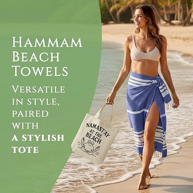 Turkish Cotton Beach Towel Pack of 4 & 1 Boho Tote Bag - Hammam Towels - No Shrink - Quick Dry - Lightweight - Sand Free - Camping - Pool - Tanning - Beach Essentials - Dark Blue (40"x70")