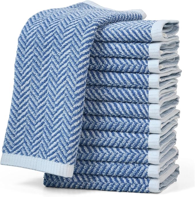 Cleanbear Wash Cloths for Your Face and Body, 12 Washcloths for Showering with Decorative Herringbone Stripes, 100% Cotton, Light Blue, 13 x 13 Inches