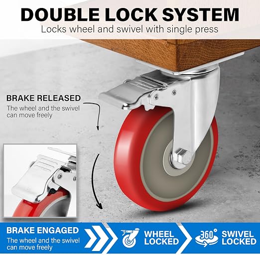 5 Inch Heavy Duty Casters Set of 4, Lockable Plate Caster Wheels - Image 4