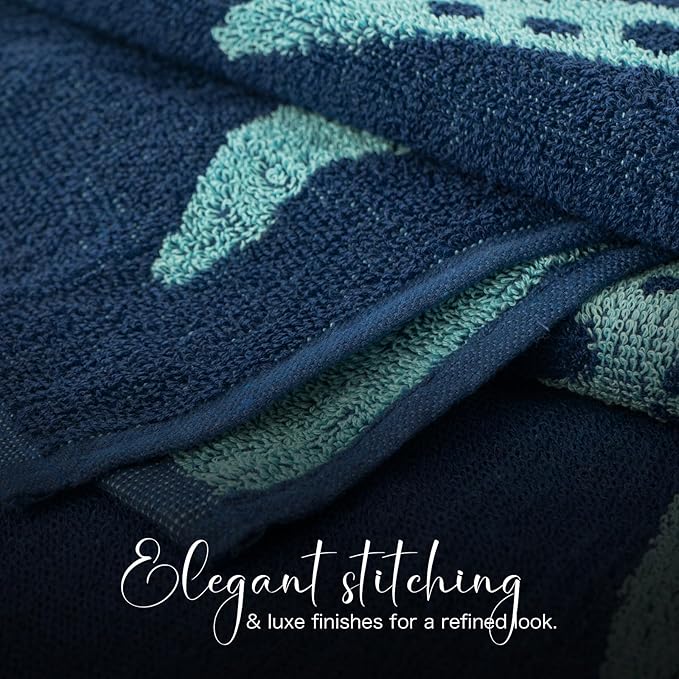 CASA COPENHAGEN Miami Bath Sheets Designed in Denmark Rough and Tough, Quick Dry, for Pool, Bath & Shower 35"x70", 2 Pieces Cotton Beach Towels Set - Star Fish Navy + Turquoise Stripe
