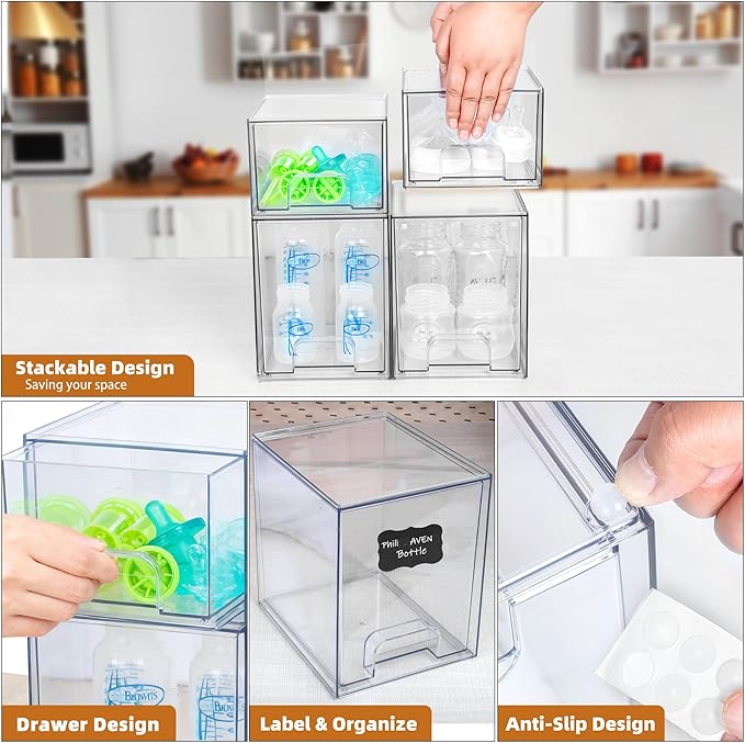 Baby Bottle Organizer, Stackable Storage Drawers with Label, Clear Station Organizers Container for Pacifiers, Pump Parts, Desk Organizer Bins for Bathroom, Cabinet, Pantry, Vanity, Countertop, 4 Pack