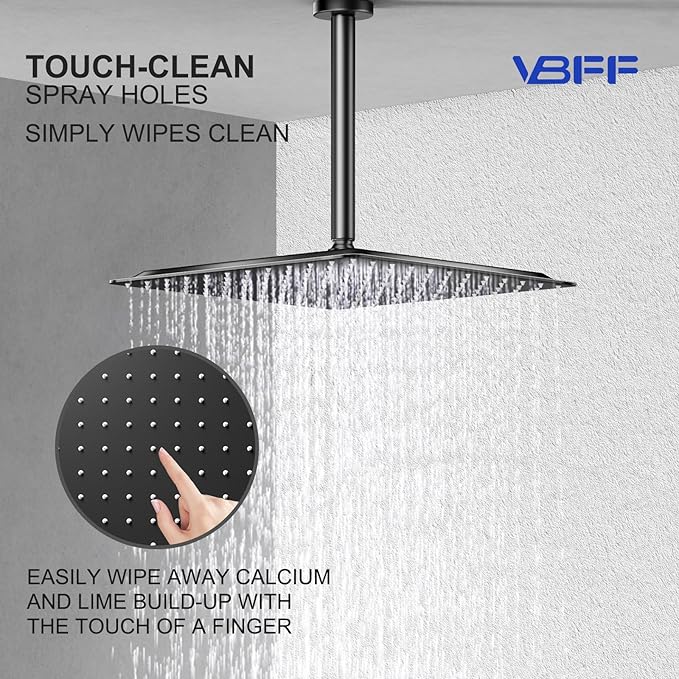 VBFF-Shower Head,rain shower head, 12 inch- Square Shower Head, 1.8 GPM Flow Rate, rainfall showerhead,VBFF09 (Matte Black)