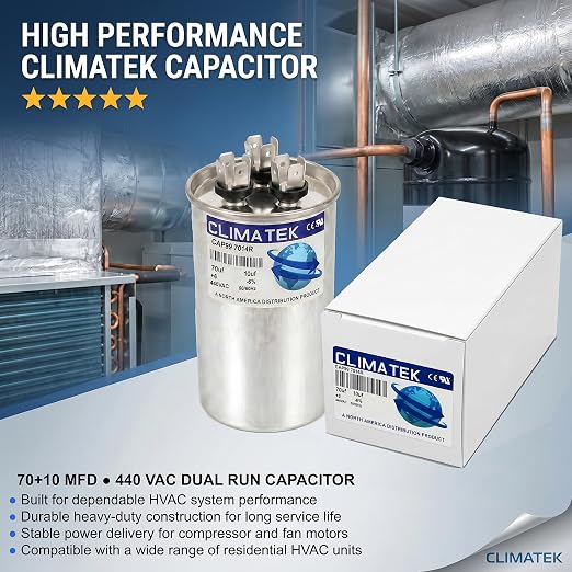 ClimaTek 70 + 10 MFD 370/440 Volt Dual Run Round Capacitor CAP99-7014R | 70/10 - Image 2
