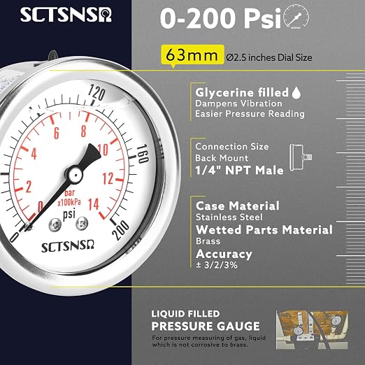 2-1/2" Dial Size, 0-200 Psi Pressure Gauge, Glycerin Liquid Filled, 1/4" NPT - Image 2