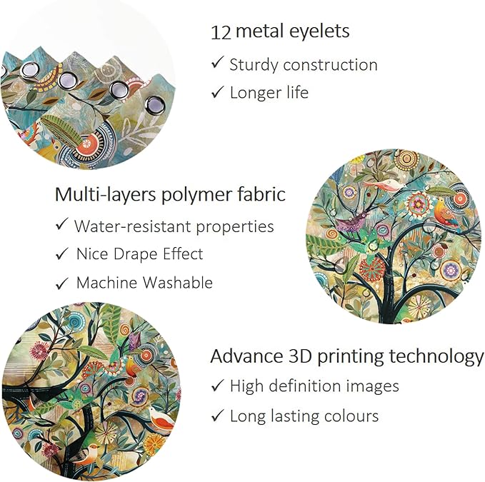 Bohemian Shower Curtain, Boho Floral Print Water Repellent Polyester Fabric for Bathroom Decor, 72×72 Inch Standard Size with 12 Hooks, Also as Room Divider