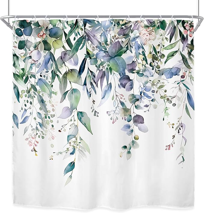 Riyidecor Teal Shower Curtain for Bathroom Decor 72Wx72H Eucalyptus Leaves Plants Navy Watercolor Floral Rustic Botanical Spring Nature Art Printed Fabric Polyester Waterproof 12 Pack Plastic