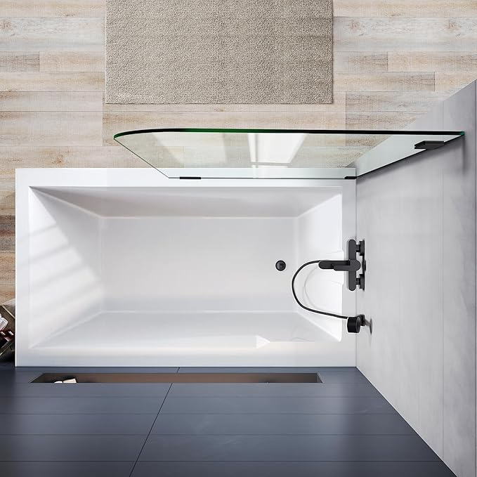 Bathtub Shower Door, 34" W X 62" H Fixed Tub Glass Panel with Clamps, 1/4"(6mm) Clear Tempered Frameless Shower Glass Door, Tub Shower Doors in Matte Black