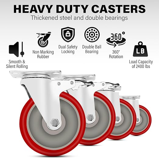 5 Inch Heavy Duty Casters Set of 4, Lockable Plate Caster Wheels - Image 3