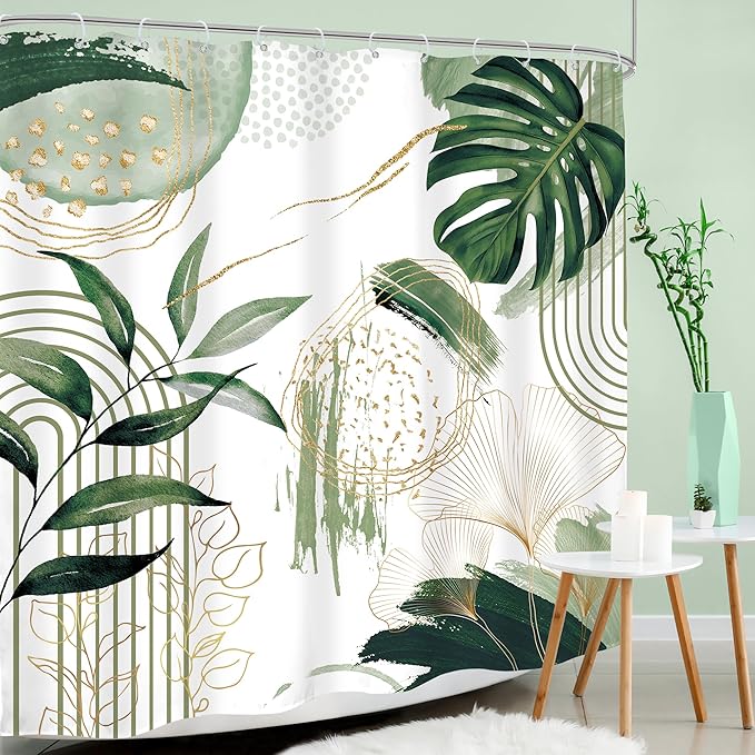 Sage Green Boho Shower Curtain Mid Century Modern Abstract Tropical Palm Leaves Minimalist Gold Olive Geometric Plant 72Wx72H Bathroom Decor Bath Curtain Liner Fabric Polyester 12 Pack Hooks