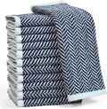 Cleanbear Wash Cloths for Showering with Striped Herringbone Patterns, 12 Cotton Washcloths for Bathroom, Large 13 X 13 Inches, Navy-Blue