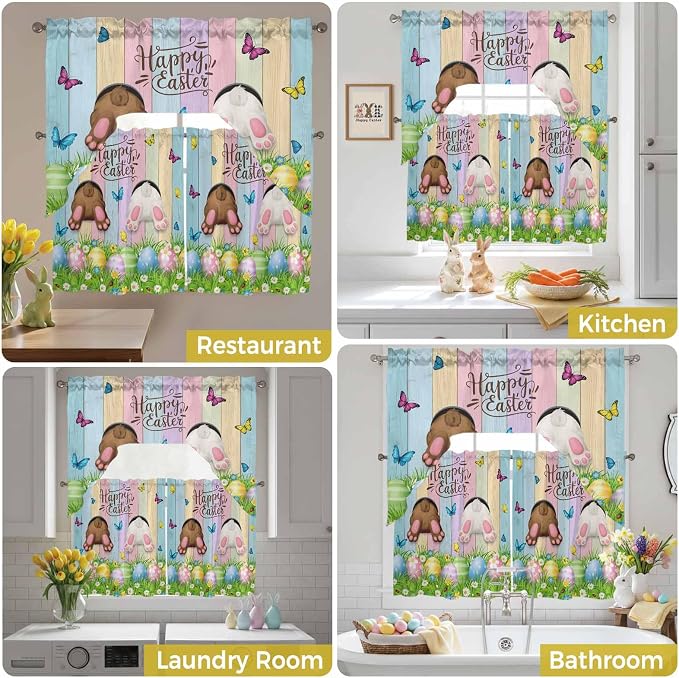 Swag Valance Curtains, Happy Easter Rabbit Butt Egg on Daisy Leaf Rod Pocket - Image 7