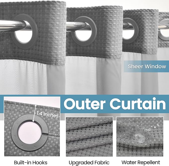 Grey Long Shower Curtain and Liner Set - 230GSM Waffle Weave Textured Heavy Duty,Hotel Luxury Weighted Bath Curtain,71W x 86H