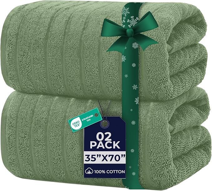 DAN RIVER Pack of 2 Bath Sheet 35x70 Inches, Extra Large Ribbed Quick Dry Bath Towels for Bathroom, Soft Absorbent Towels - Sage Green
