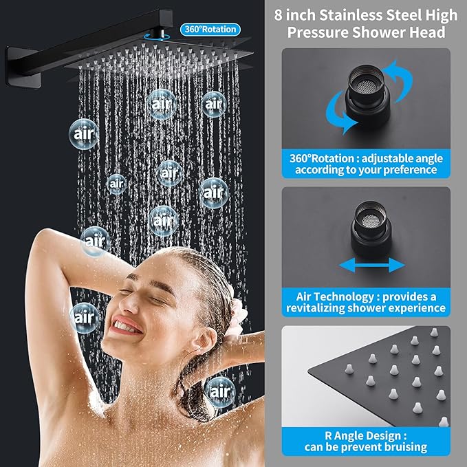 8 inch Matte Black Shower System with Tub Spout, Shower Faucet Set with Rain Shower Head and Handheld 3-Setting, Waterfall Bathtub Spout Rainfall Shower Combo Set for Bathroom Wall Mounted