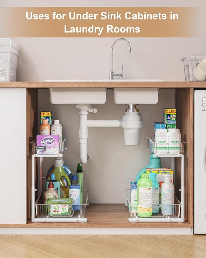 UMDONX Under Sink Organizer 2-Pack Adjustable Bathroom Under Sink Pull-Out Organizer with 5 Adjustable Heights for Kitchen, Bathroom & Laundry Storage