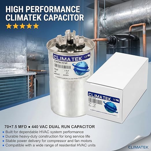 ClimaTek 70 + 7.5 MFD 370/440 Volt Dual Run Round Capacitor CAP99-7074R | - Image 2