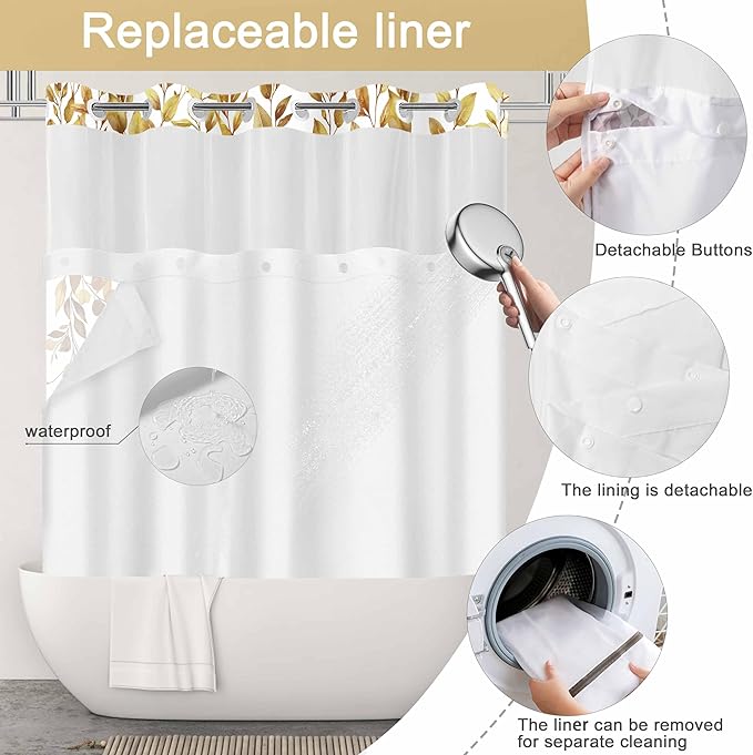 No Hook Shower Curtain and Liner Set, Yellow Eucalyptus Floral Shower Curtains for Bathroom, Bath Curtain Sets with Snap in Liner, Waterproof with See Through Top Window, 71x84 Inches
