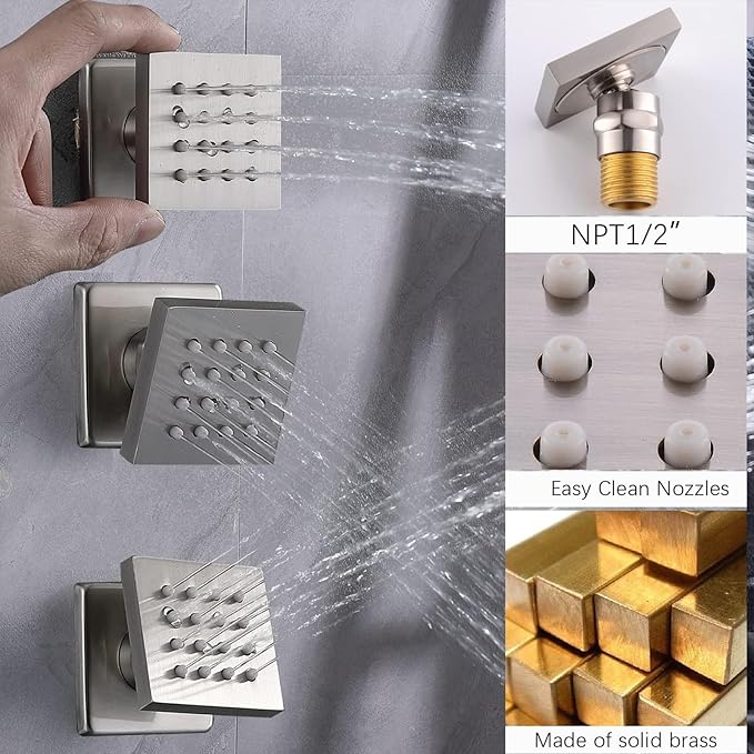 Shower System Brushed Nickel Temperature Display Shower Faucet Set, 14X20 inch Ceiling Mounted Shower Head, with 6 PCS Body Jet and Handheld Spray