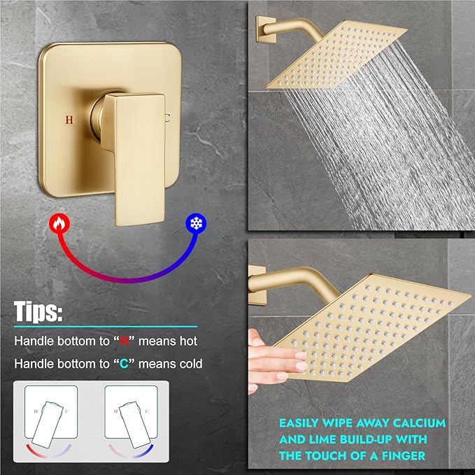Heyalan 8 Inch Shower Head and Handle Set Square Shower Faucet Set Bathroom Rainfall Shower System Stainless Steel Showerhead Single Function Shower Trim Kit,Female Thread Valve,Brushed Gold
