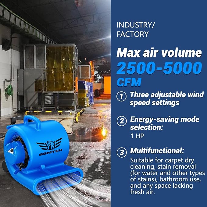 5000 CFM 1HP Air Mover Blower Fan, Floor Blower Dryer, 3 Speeds, 4 Adjustable - Image 4
