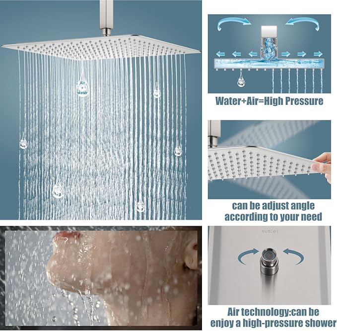 Aolemi Ceiling Mount Shower System Rain Shower Head with Handheld Spray High Pressure Shower Faucet Set Rough-in Valve Shower Trim Kit Included Bathroom Brushed Nickel 16 Inch Ceiling Shower Head