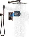 Push Button Diverter Shower Faucet Set Hydro Power Temperature Display, Shower System 12 Inches Shower Head with Handheld Spray, Wall Mounted Shower Fixtures with Valve and Trim Kit, Oil Rubbed Bronze