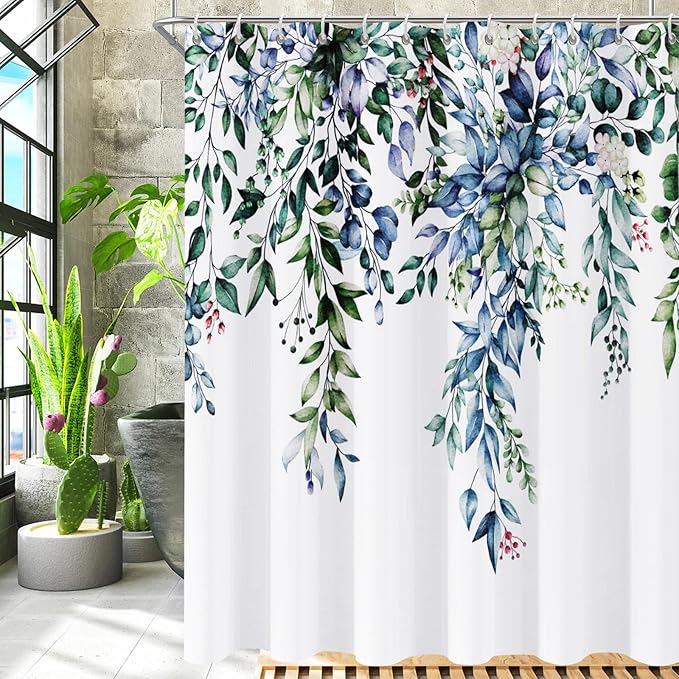 Shower Curtain,Blue Eucalyptus Shower Curtains for Bathroom,Watercolor Green Leaf Shower Curtain Sets Waterproof Plant Shower Curtain Blue Fabric Cloth Bathroom Curtains Green72x72 inch with Hooks