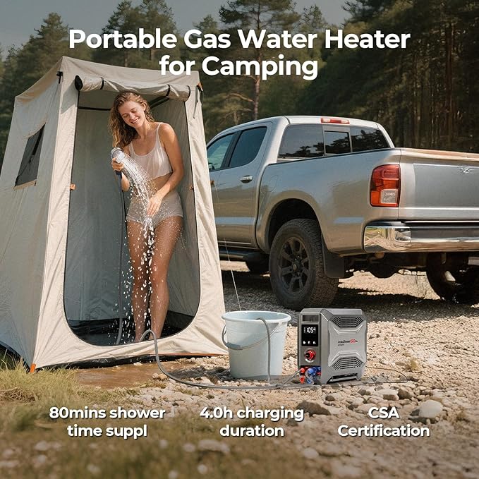 FOGATTI InstaShower GO Pro, Portable Propane Tankless Water Heater 22,000 BTU, with 5000mAh Rechargeable Built-in Battery, DC 12V, Outdoor Camping Shower