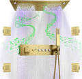 Brushed Gold Thermostatic Rain LED Shower System With Spa Body Jets, 12.5X24.5 Inch Large Horizontal Rectangle Ceiling Shower Head, Double Bath Shower Set Flow Can Be Controlled