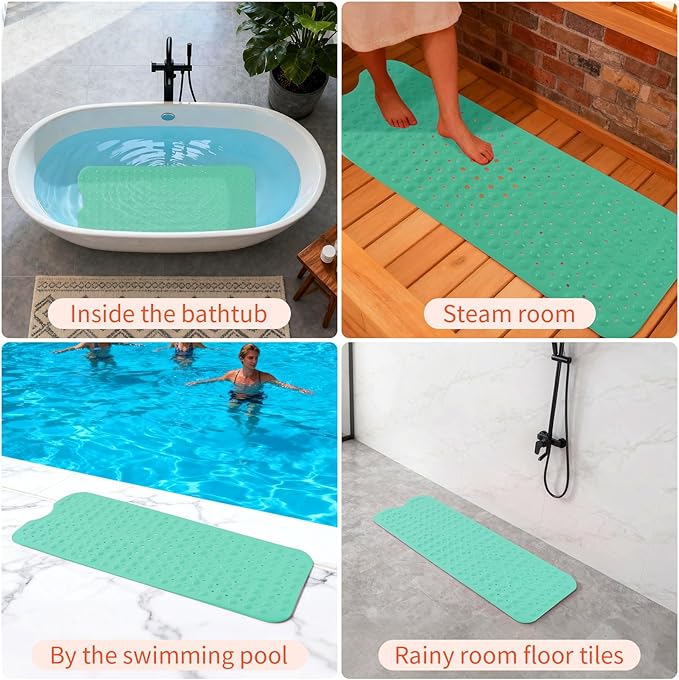 Anti-Slip Bathtub Shower mat, 39.3×15.7 inch（Approximately 100 × 40cm） Soft Oversized Machine Washable Non-Slip Bathtub mat with Drainage Holes, Bathroom Floor Suction Cup.（1-Opaque Mars Green）