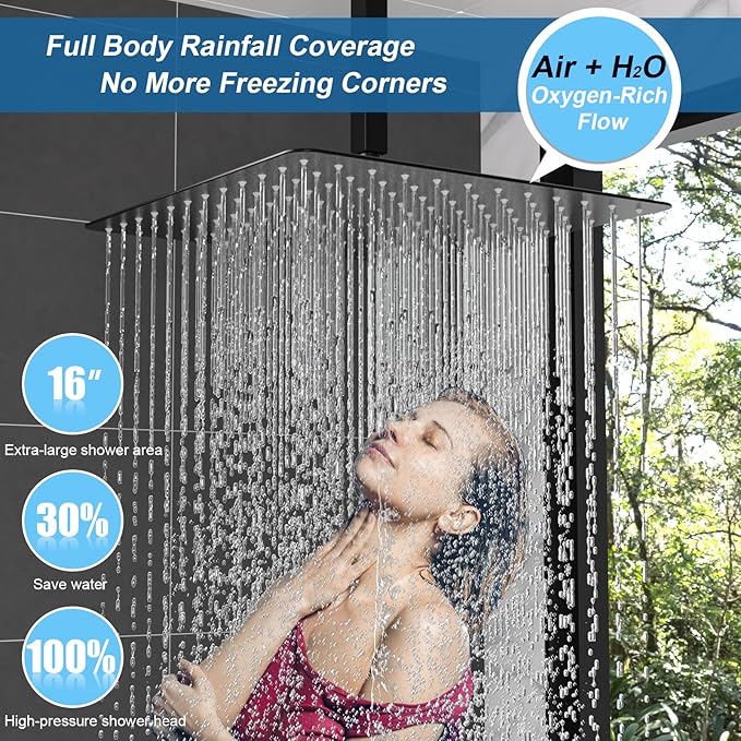 Enga Thermostatic Dual Rain Shower System (Eco-Performance), Shower Faucet Set with 16"+6" Rain Shower Heads & Handheld, All Functions Simultaneous, Adjustable Volume, Matte Black