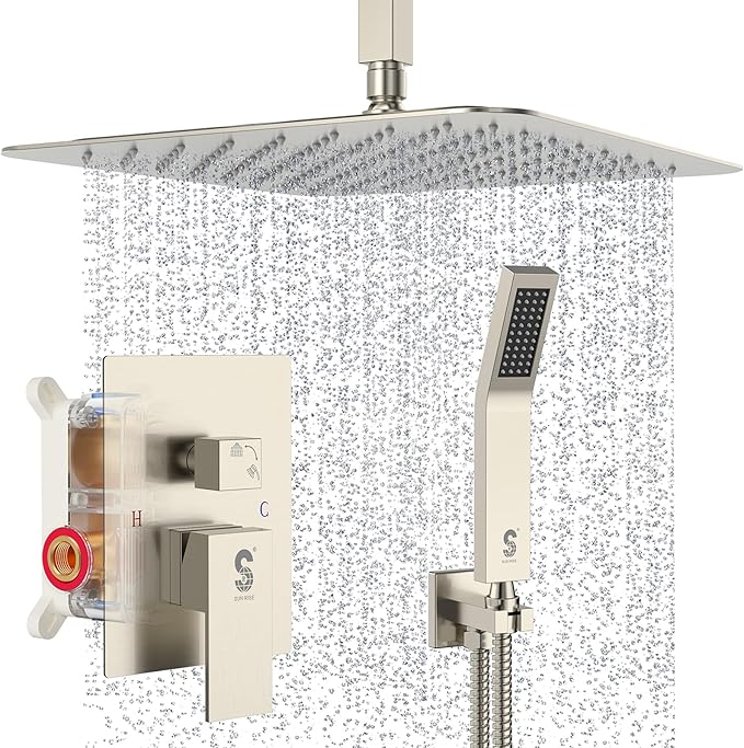 SR SUN RISE 16 Inches Brushed Nickel Shower System Bathroom Luxury Rain Mixer Shower Combo Set Ceiling Mounted Rainfall Shower Head Faucet (Contain Shower Faucet Rough-In Valve Body and Trim)