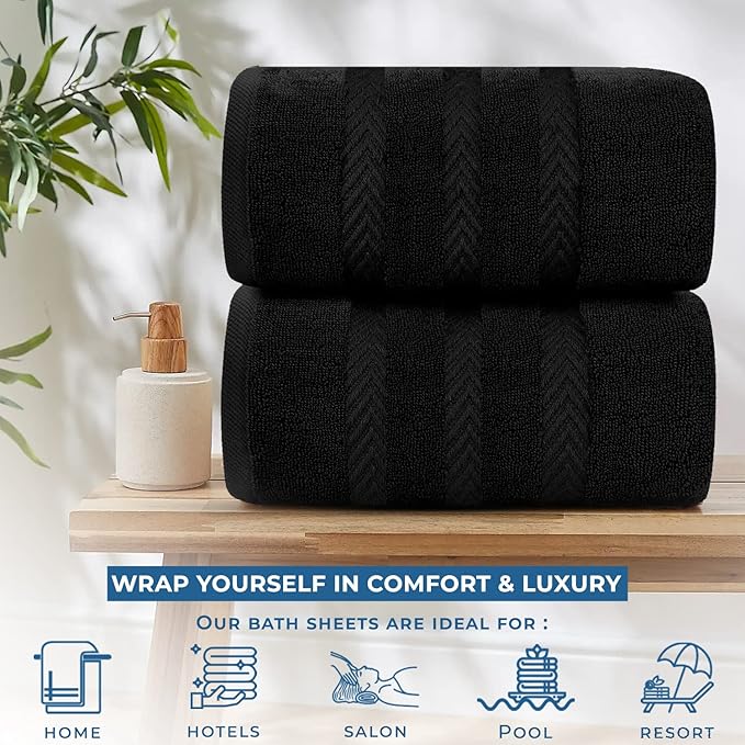 DAN RIVER 2 Pack Luxury Bath Sheets 35x70, 600 GSM, Soft & Quick Dry 100% Ring Spun Cotton Towels Ideal for Hotels, Spas, Gyms & Salons Extra Large, Black