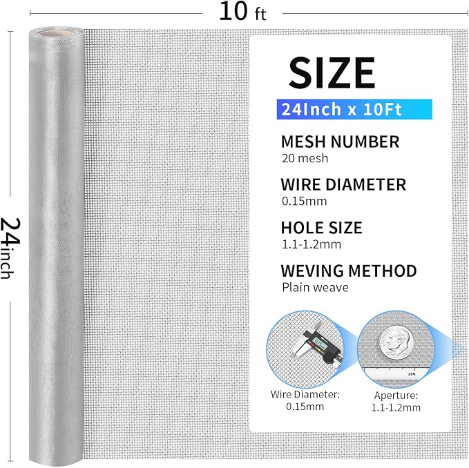 304 Stainless Steel Mesh, 24in x 10ft, 20 Mesh, Sturdy Metal Screen Roll - Image 3