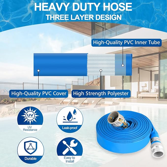 2" x 50 ft Backwash Hose for Swimming Pools, Heavy Duty PVC Water Lay Flat - Image 3
