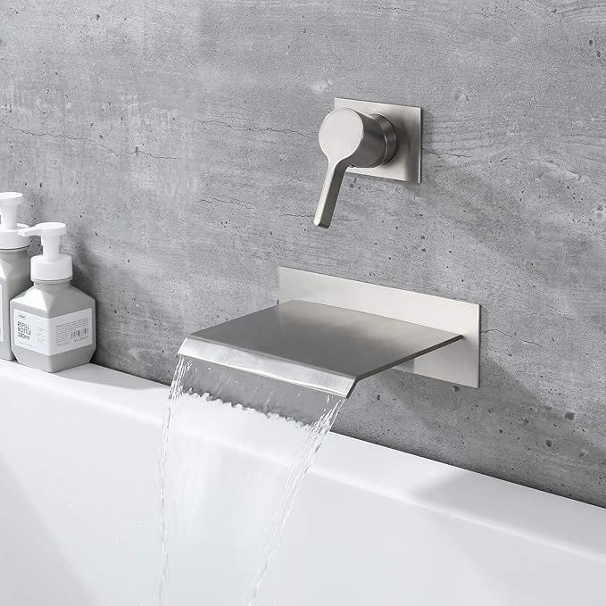 sumerain Waterfall Wall Mount Tub Filler Brushed Nickel with Valve Single Handle Brass High Flow