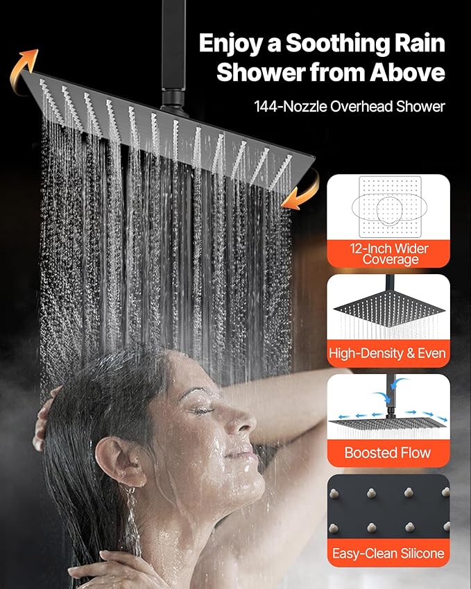 VEVOR Shower Faucet Set, 12 Inch Thermostatic Ceiling Mount Rainfall Shower System with 6 Inch Wall Mount Head and 2 in 1 Handheld Spray, 3-Function Dual Rain Head Brass Valve & Trim Kit, Matte Black