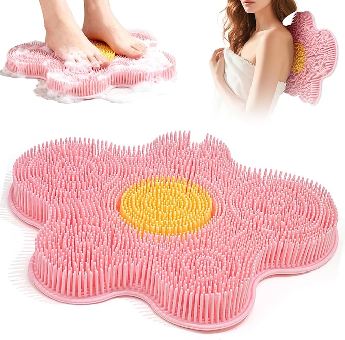 Shower Foot Scrubber Mat Silicone, Back Scrubber Exfoliating Washer Pad Wall-Mounted, Large Feet Clean Message with Suction Cups for Wall Smooth Floor - Extra long & Soft Bristles without Bending Pink