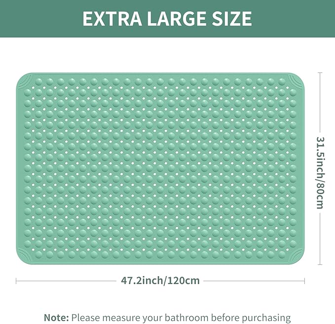 Yolife Extra Large TPE Shower Mat, 47.2" L x 31.5" W Anti Slip Bath Mat with Drain Holes and Suction Cups, Large Size Mat More Suitable for Shower Stall, No Odor, Heavy Mat (Green, 47.2" x 31.5")