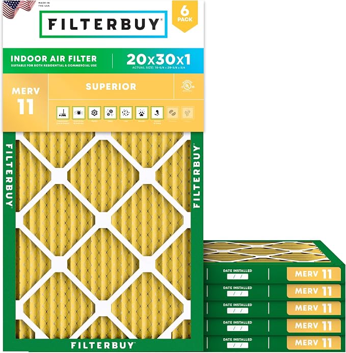 Filterbuy 20x30x1 Air Filter MERV 11 Superior Pet & Allergy Defense, by Filterbuy