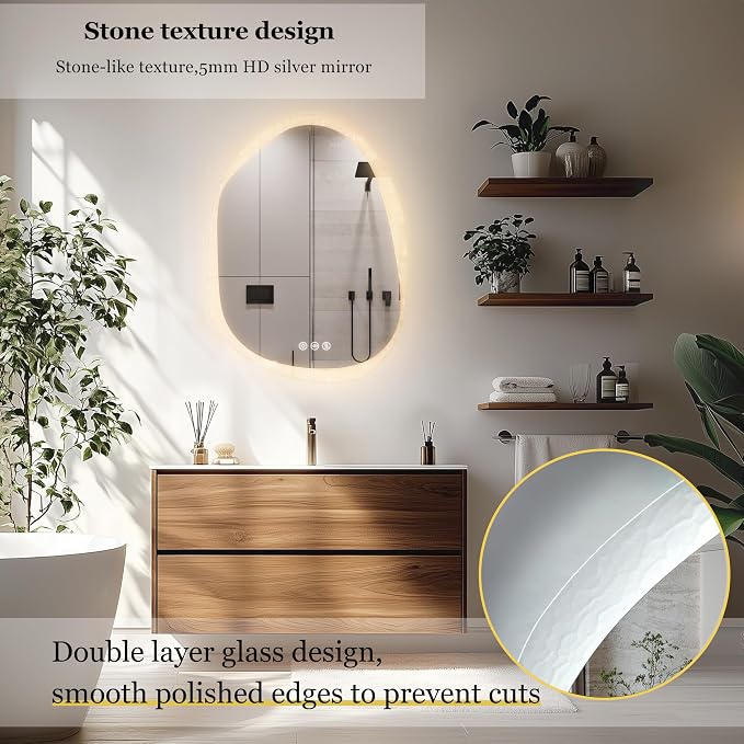 LUVODI Lighted LED Bathroom Mirror: 32”x24”Irregular Stone Pattern Frosted Wall - Image 4