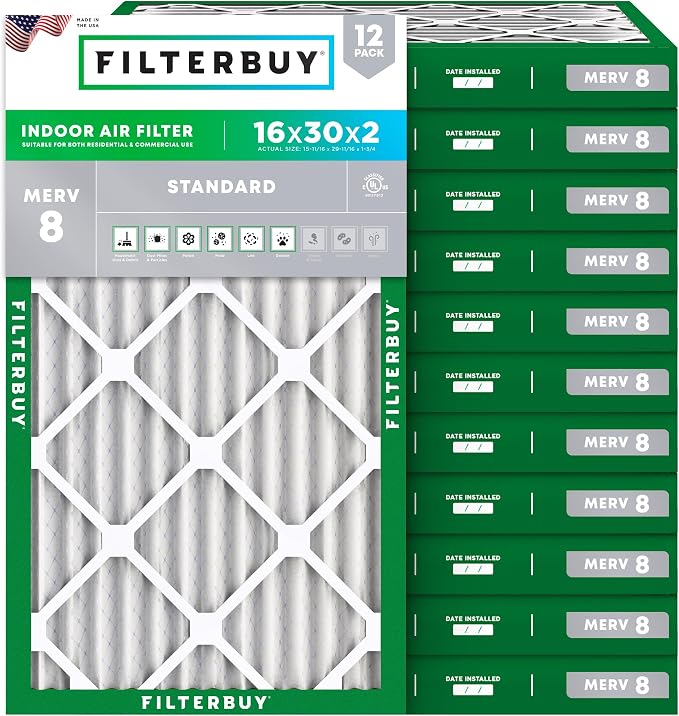 Filterbuy 16x30x2 Air Filter MERV 8 Essential Dust & Allergy Defense, by Filterbuy