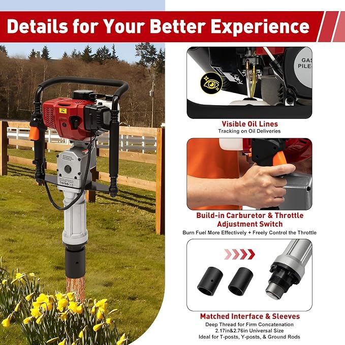 Gas Powered T-Post Driver, 1900W 52CC T Post Pounder Driver Heavy Duty Gasoline - Image 7