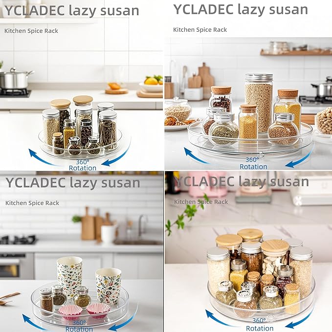 4 Pack Lazy Susan 9.2" Inch Turntable Organizer Pantry Organization and Storage Container Bins Spice Rack Cabinet Rotating Condiment for Pantry Kitchen Vanity Bathroom Jewelry Holder Clear