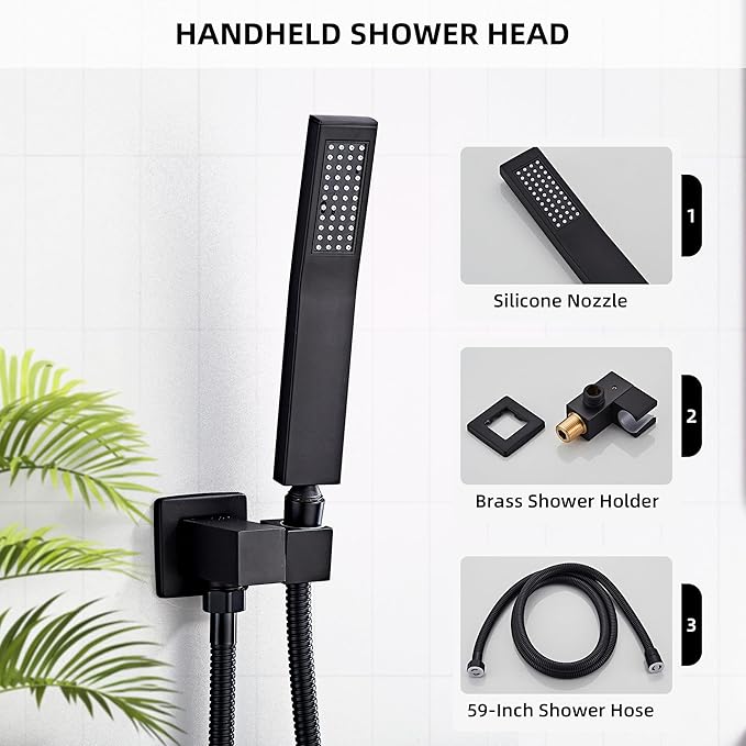 Shower Faucet Set, Matte Black Rainfall Shower System Complete Wall Mounted for Bathroom with 10 Inch Square Shower Head and Handheld Shower Head Rain Mixer Combo Set